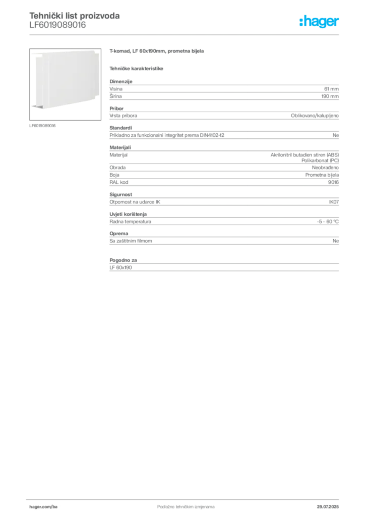 Slika Hager Product data sheet LF6019089016  | Hager