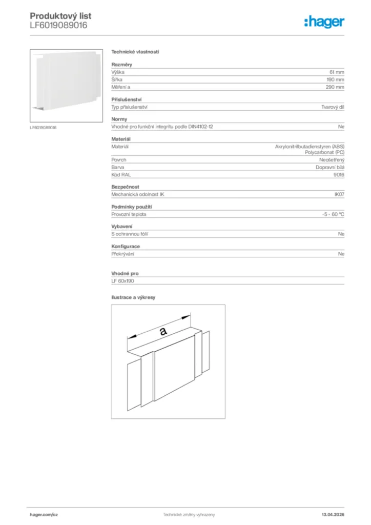 Obrázek Hager Product data sheet LF6019089016 | Hager