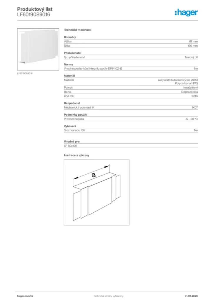 Obrázek Hager Product data sheet LF6019089016 | Hager