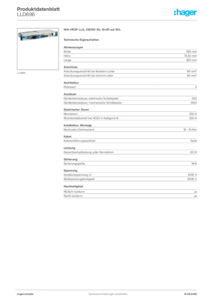 Hager Produktdatenblatt LLD696