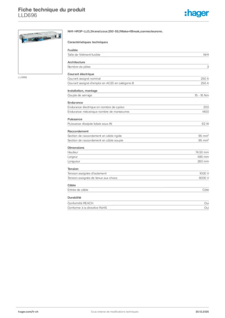 Image Hager Fiche technique du produit LLD696 | Hager Suisse