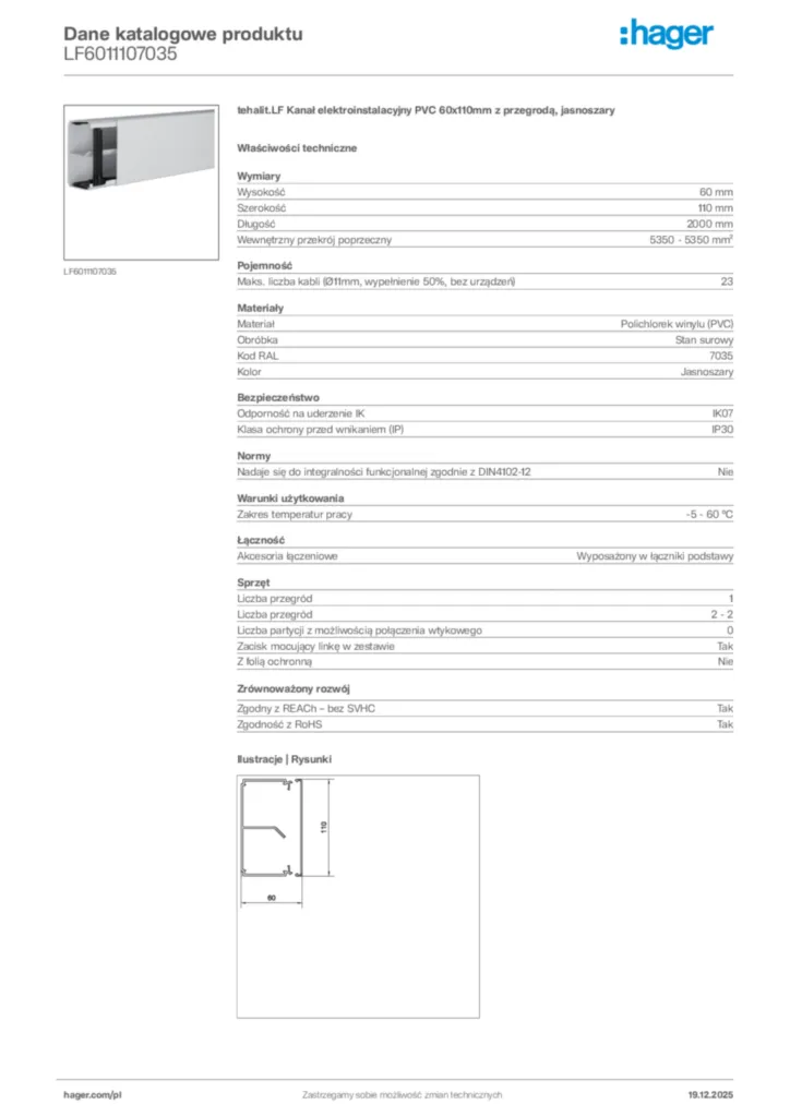 Zdjęcie Hager Karta katalogowa LF6011107035 | Hager Polska