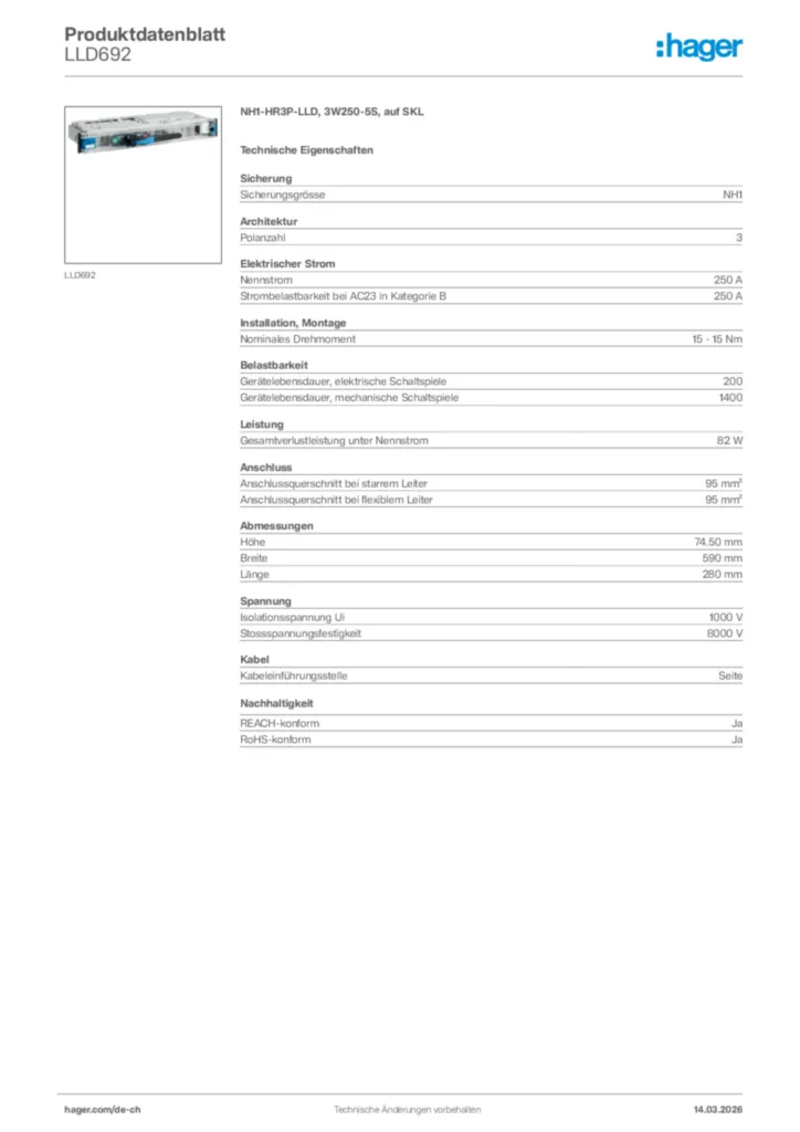 Bild Hager Produktdatenblatt LLD692 | Hager Schweiz