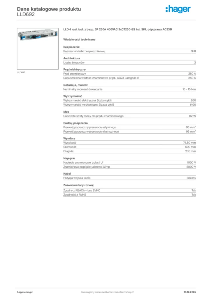 Zdjęcie Hager Karta katalogowa LLD692 | Hager Polska