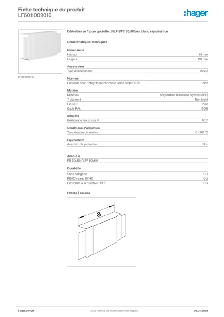 Image Hager Fiche technique du produit LF6011089016 | Hager France