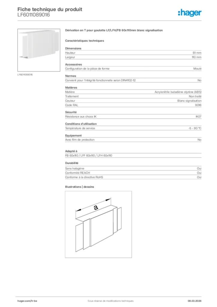 Image Hager Fiche technique du produit LF6011089016 | Hager Belgique