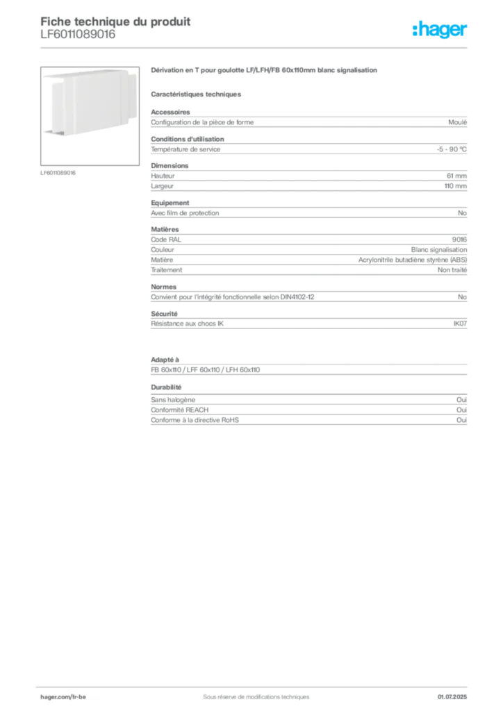Image Hager Fiche technique du produit LF6011089016 | Hager Belgique