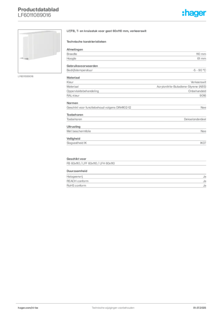 Afbeelding Hager Productdatablad LF6011089016 | Hager Belgium