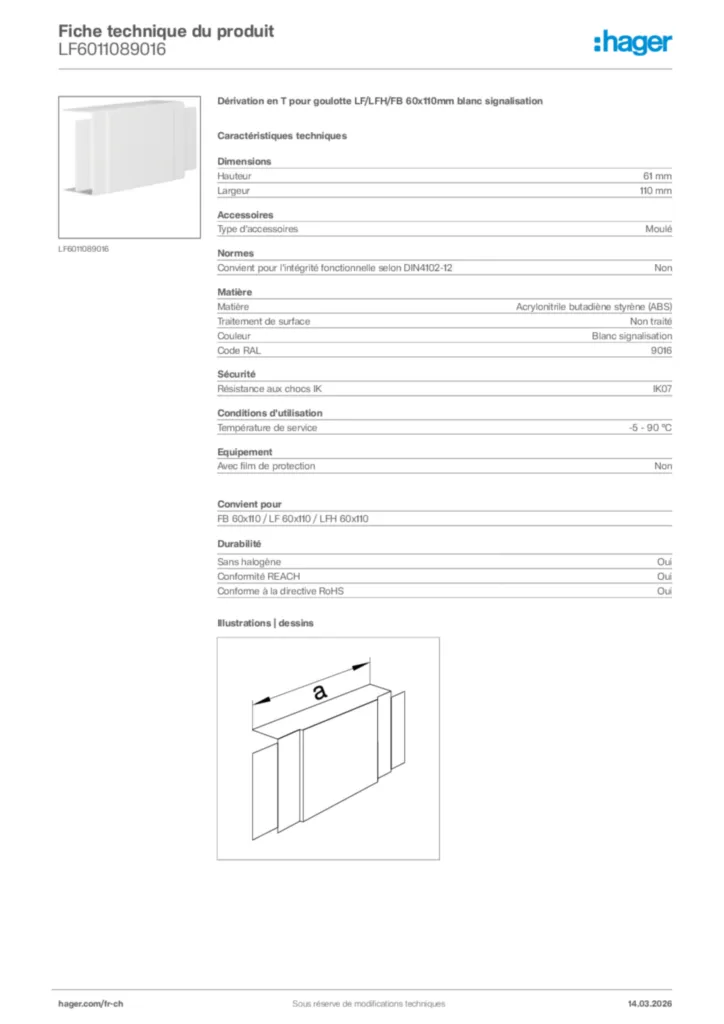 Image Hager Fiche technique du produit LF6011089016 | Hager Suisse