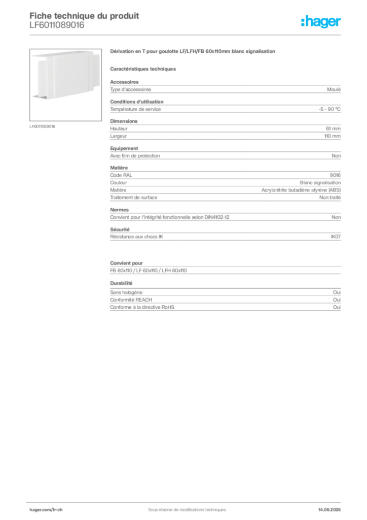 Image Hager Fiche technique du produit LF6011089016 | Hager Suisse