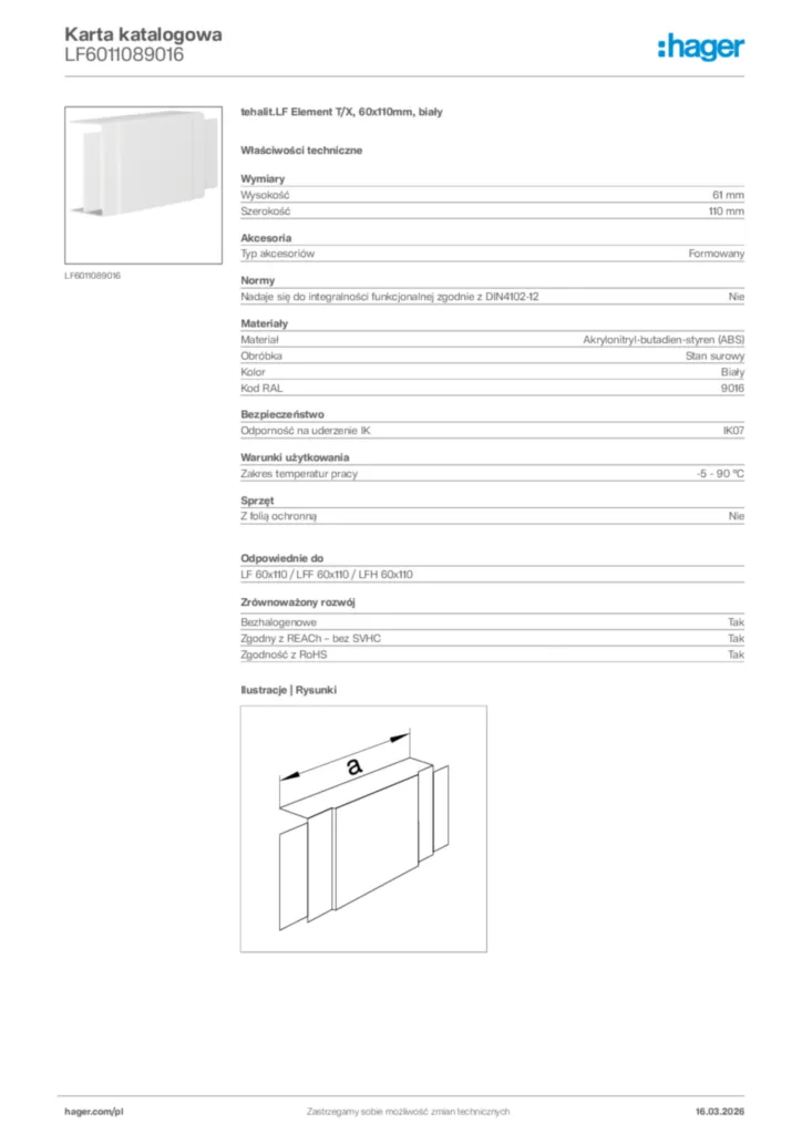 Zdjęcie Hager Karta katalogowa LF6011089016 | Hager Polska