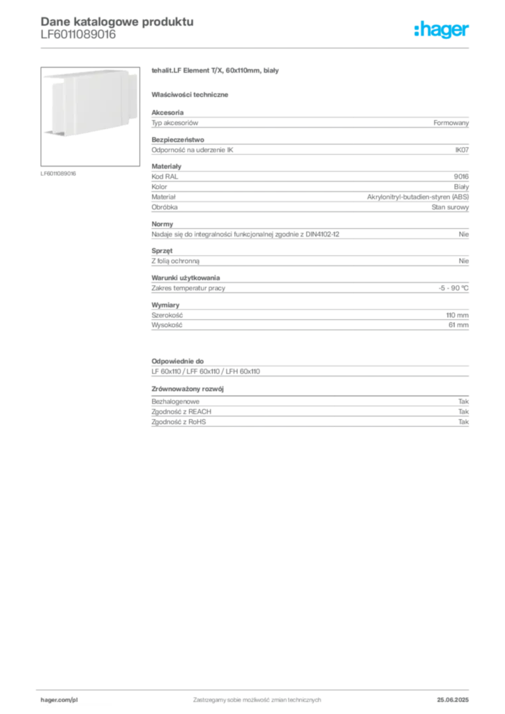 Zdjęcie Hager Karta katalogowa LF6011089016 | Hager Polska