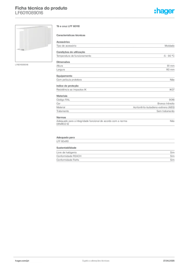 Imagem Hager Ficha técnica do produto LF6011089016 | Hager Portugal