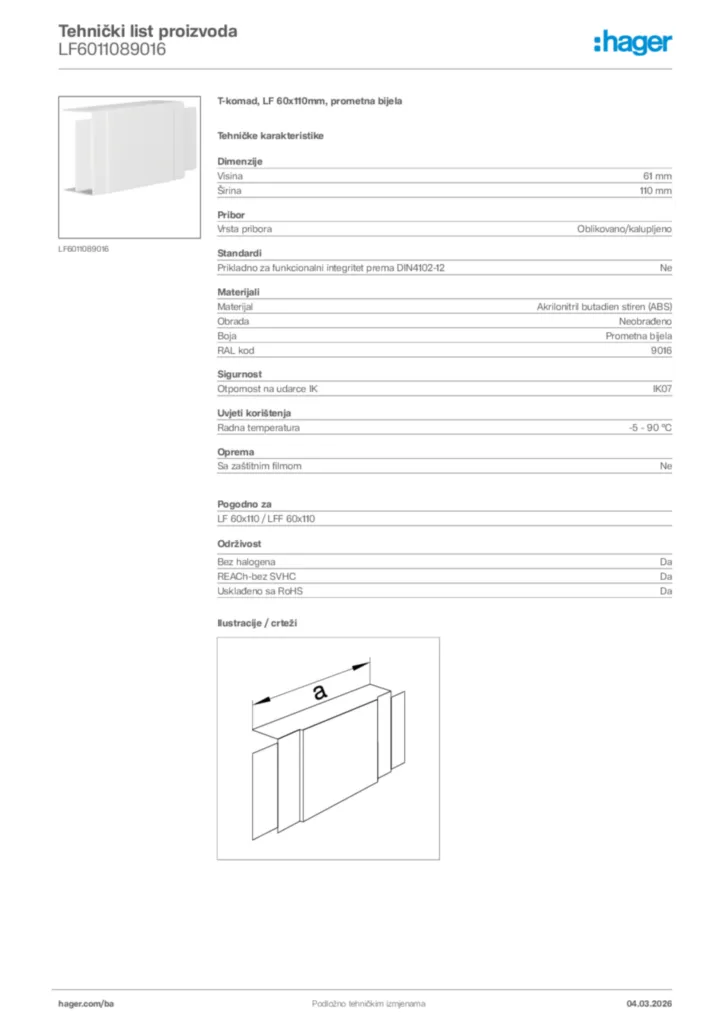 Slika Hager Tehnički list proizvoda LF6011089016  | Hager