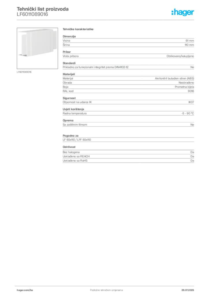 Slika Hager Product data sheet LF6011089016  | Hager