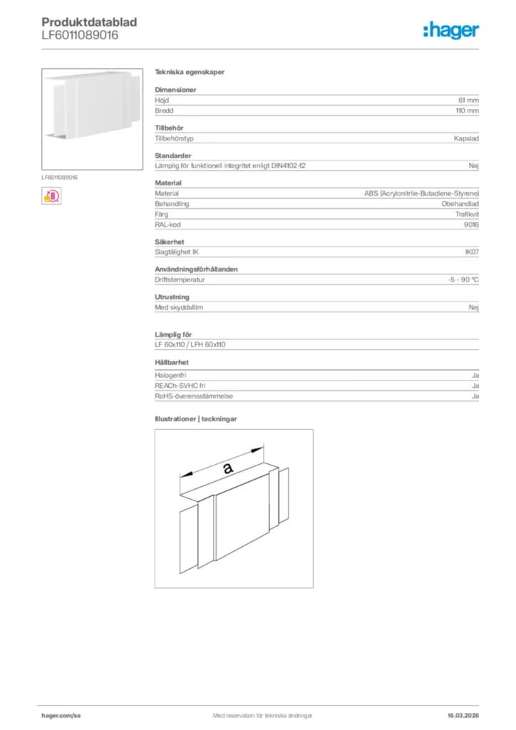 Bild Hager Produktdatablad LF6011089016 | Hager Sverige