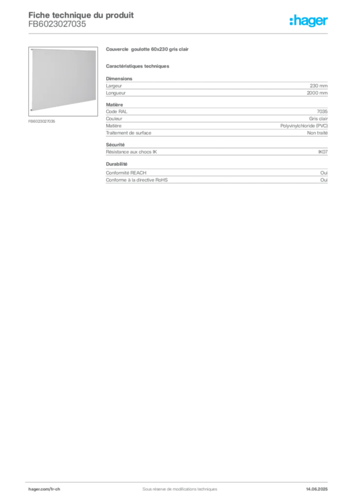 Image Hager Fiche technique du produit FB6023027035 | Hager Suisse