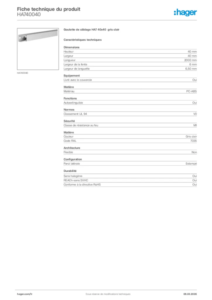 Image Hager Fiche technique du produit HA740040 | Hager France