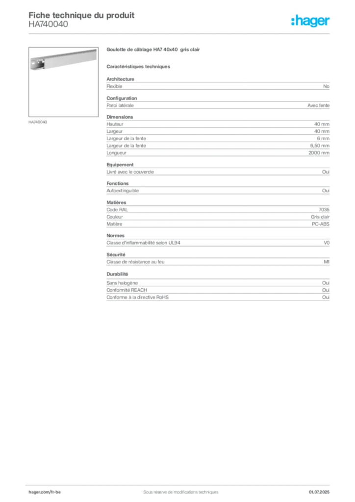 Image Hager Fiche technique du produit HA740040 | Hager Belgique