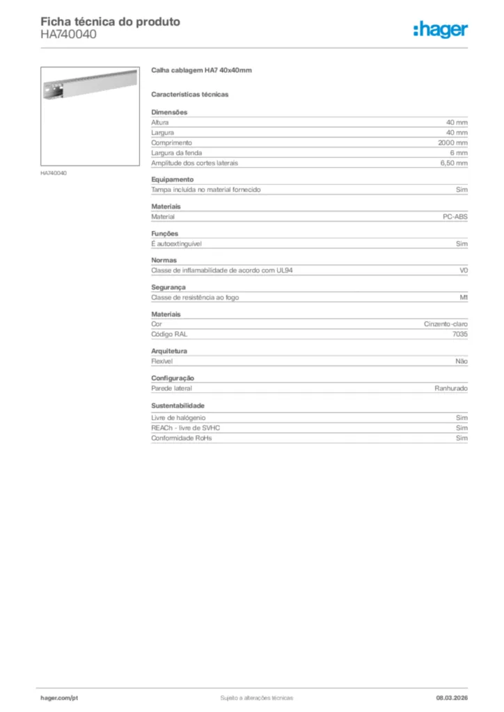 Imagem Hager Ficha técnica do produto HA740040 | Hager Portugal