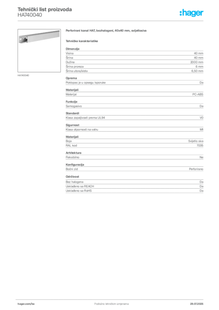 Slika Hager Product data sheet HA740040  | Hager