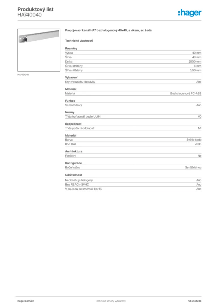Obrázek Hager Product data sheet HA740040 | Hager