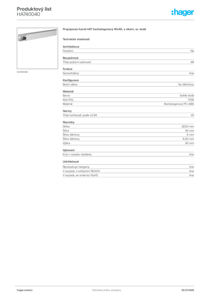 Obrázek Hager Produktový list HA740040 | Hager