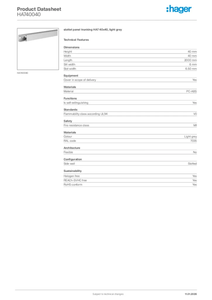 Image Hager Product data sheet HA740040  | Hager