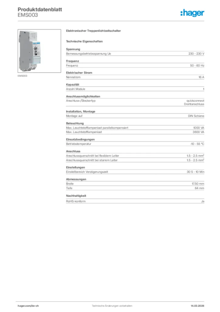 Bild Hager Produktdatenblatt EMS003 | Hager Schweiz
