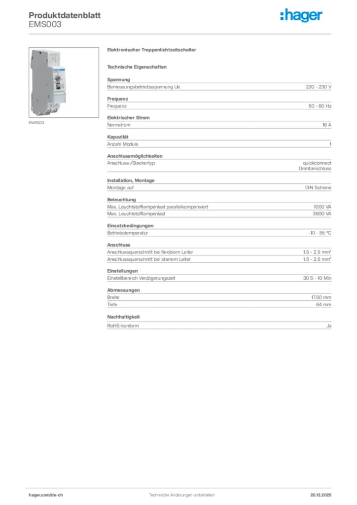 Bild Hager Produktdatenblatt EMS003 | Hager Schweiz