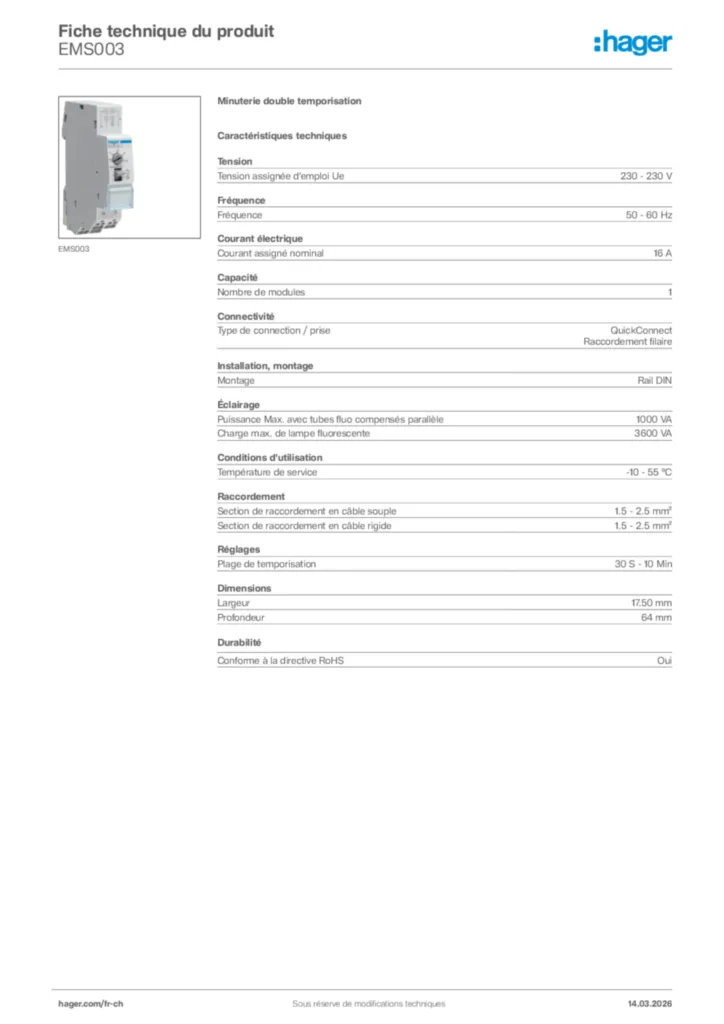 Image Hager Fiche technique du produit EMS003 | Hager Suisse