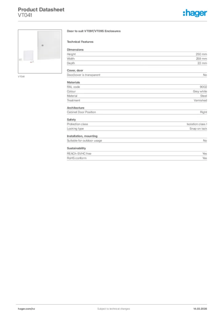 Image Hager Product data sheet VT041  | Hager New Zealand