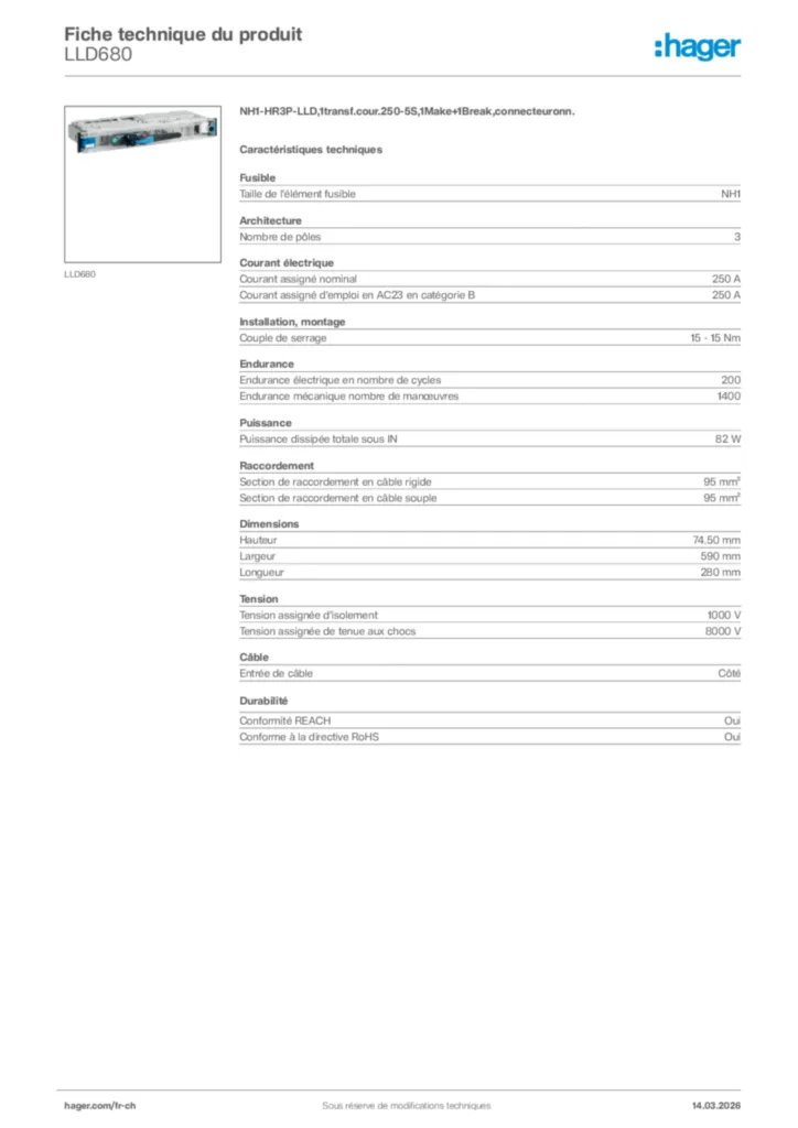 Image Hager Fiche technique du produit LLD680 | Hager Suisse