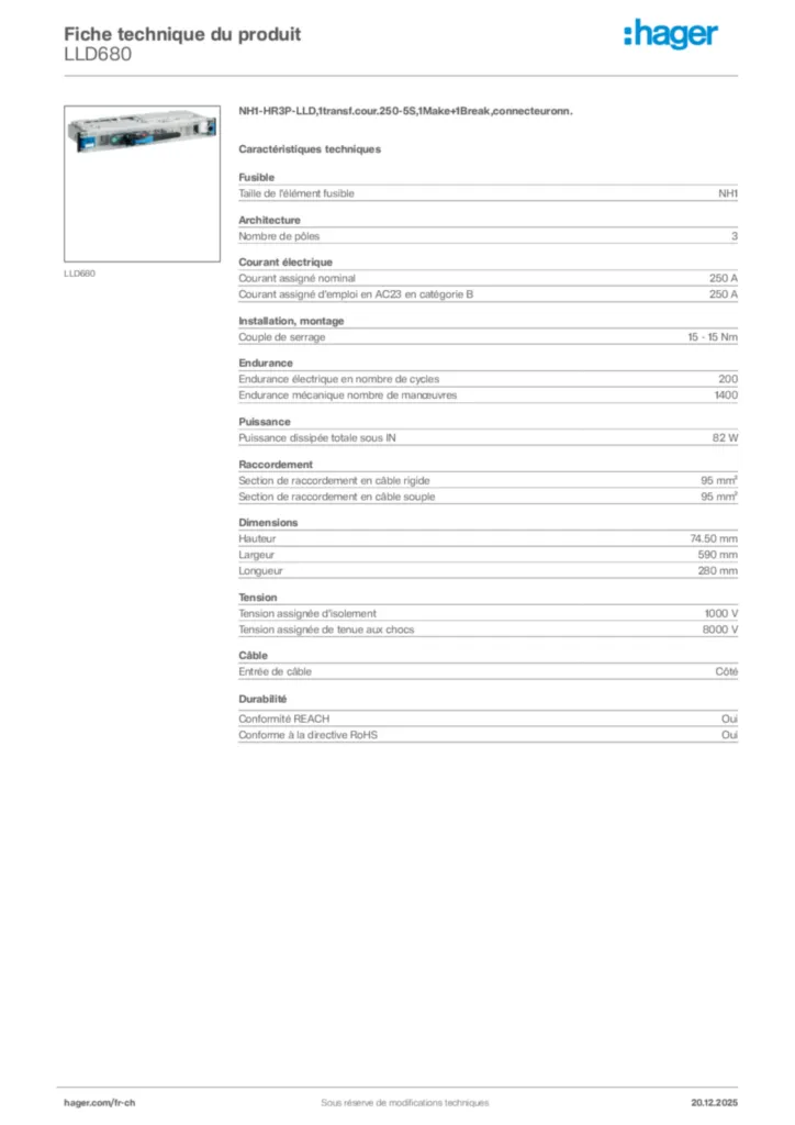 Image Hager Fiche technique du produit LLD680 | Hager Suisse