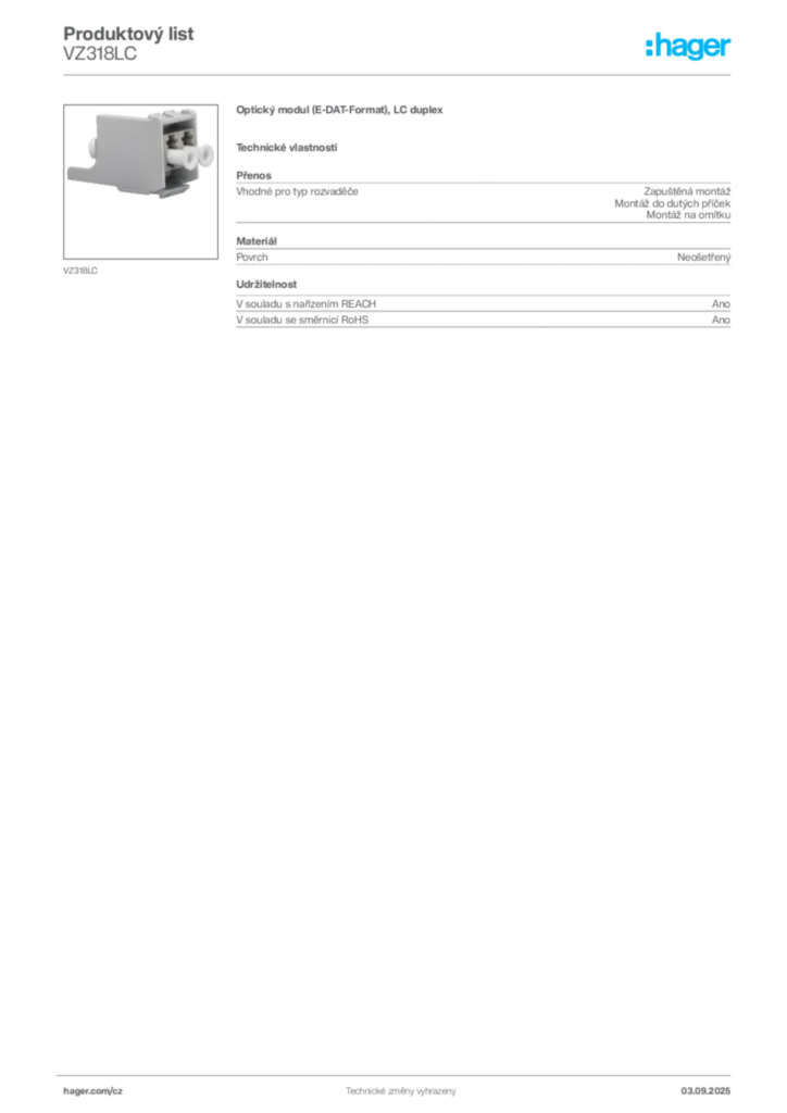 Obrázek Hager Produktový list VZ318LC | Hager