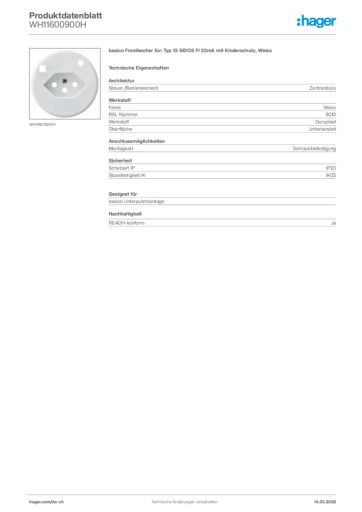 Bild Hager Produktdatenblatt WH11600900H | Hager Schweiz