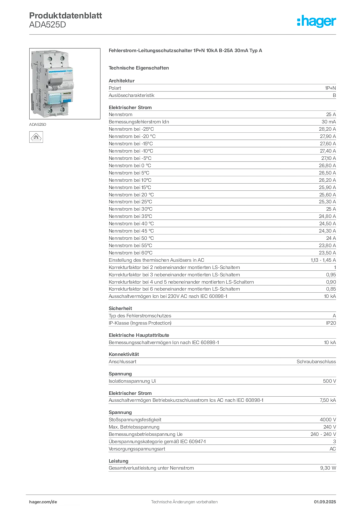 Hager Produktdatenblatt ADA525D