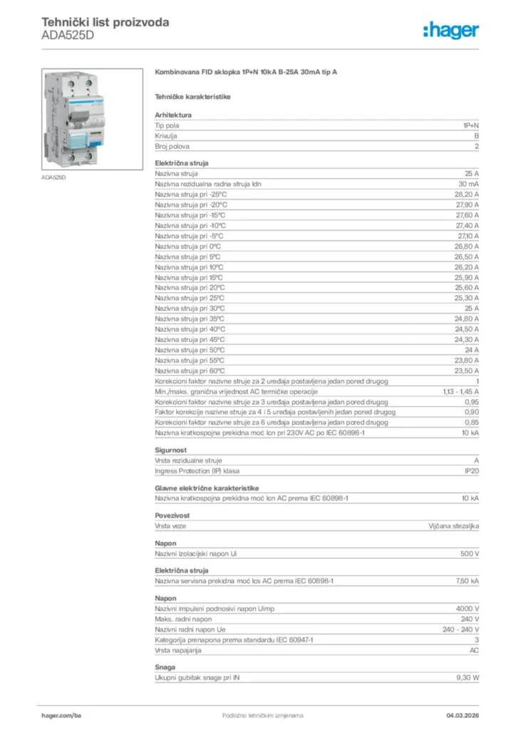 Slika Hager Tehnički list proizvoda ADA525D  | Hager