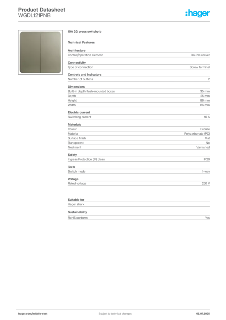 Image Hager Product data sheet WGDL121PNB  | Hager