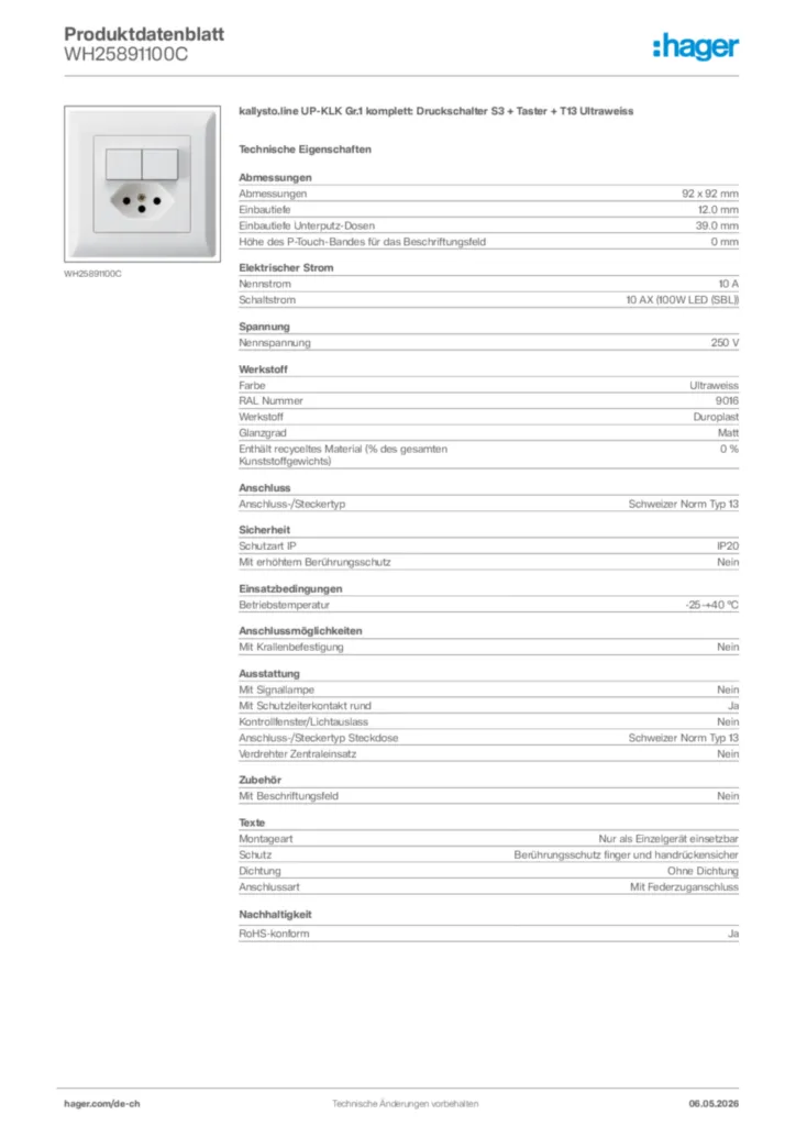 Bild Hager Produktdatenblatt WH25891100C | Hager Schweiz