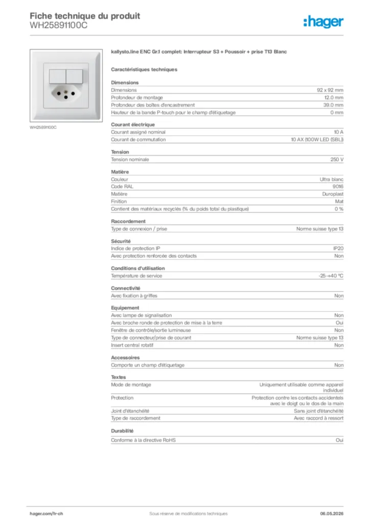 Image Hager Fiche technique du produit WH25891100C | Hager Suisse