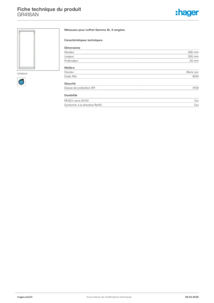 Image Hager Fiche technique du produit GR418AN | Hager France