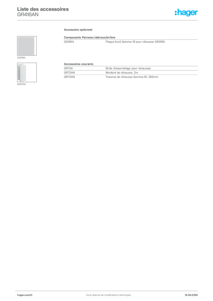 Image Hager Fiche technique du produit GR418AN | Hager France