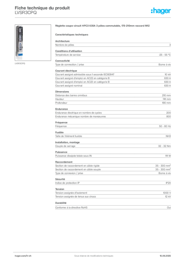 Image Hager Fiche technique du produit LVSR3CPQ | Hager Suisse