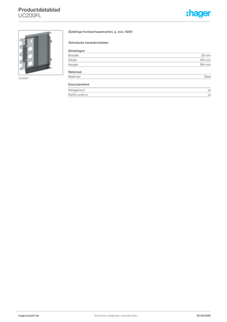 Afbeelding Hager Productdatablad UC200FL | Hager Belgium