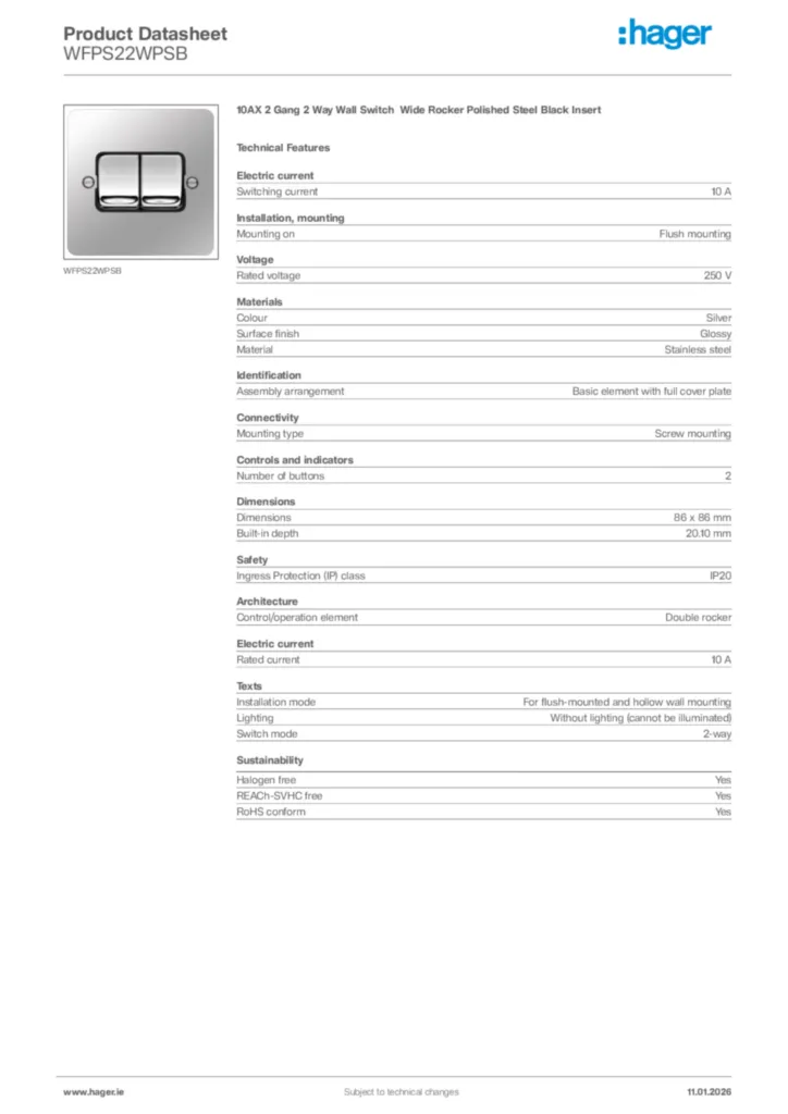 Image Hager Product data sheet WFPS22WPSB  | Hager
