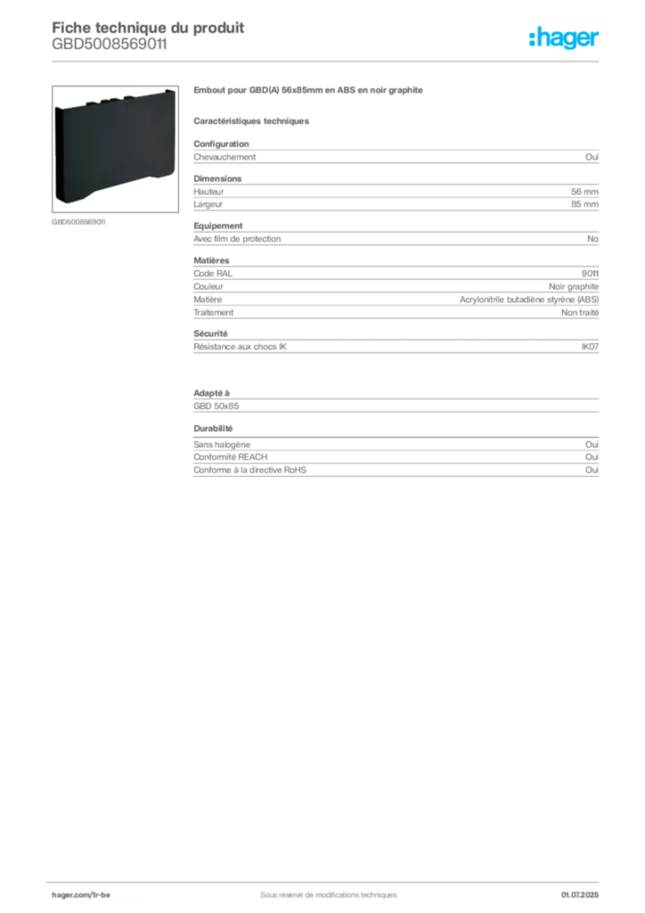 Image Hager Fiche technique du produit GBD5008569011 | Hager Belgique