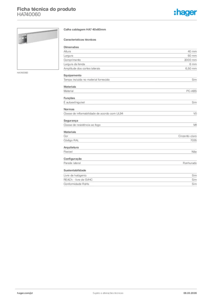Imagem Hager Ficha técnica do produto HA740060 | Hager Portugal