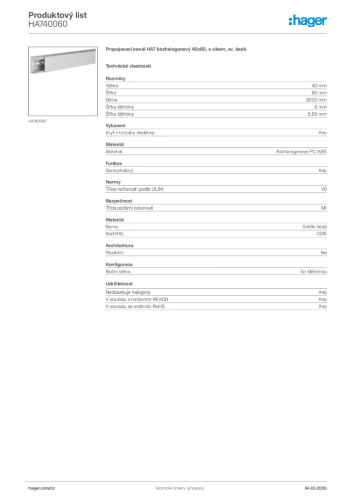 Obrázek Hager Product data sheet HA740060 | Hager