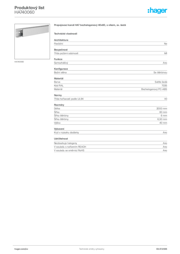 Obrázek Hager Produktový list HA740060 | Hager